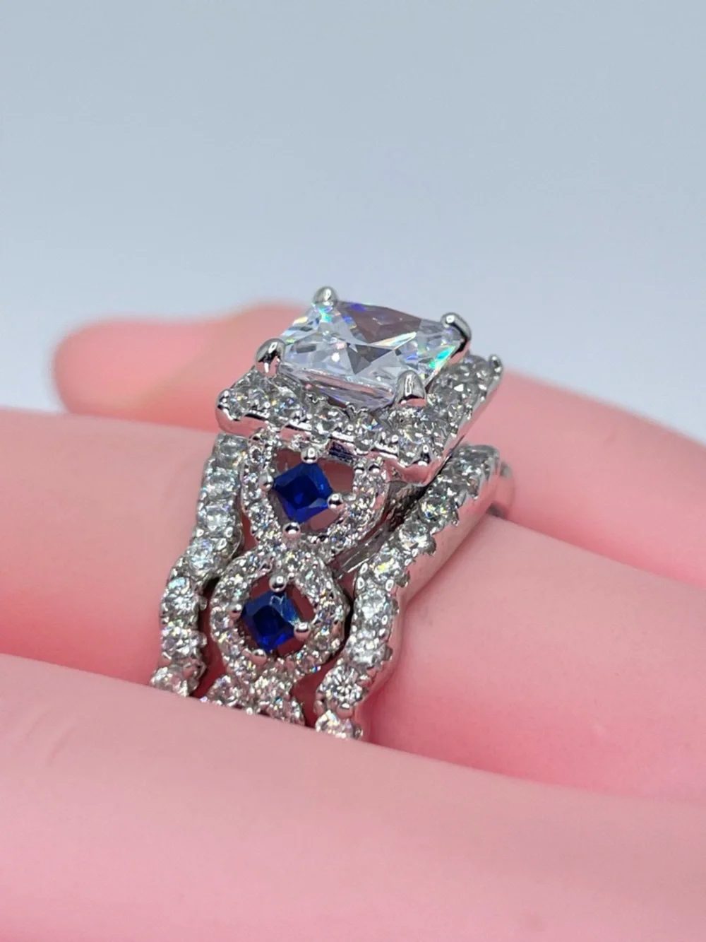 925 Sterling Silver Cushion Cut Diamond Sapphire R3 Band Wedding Ring‎ Set 5
